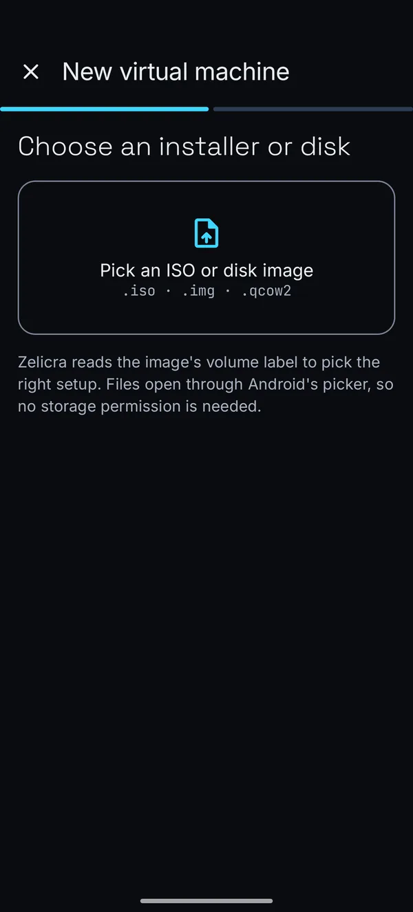 The New virtual machine screen asking you to pick an ISO or disk image.