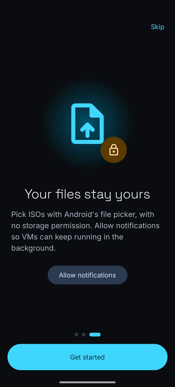 The Your files stay yours screen, explaining the file picker and asking to allow notifications.