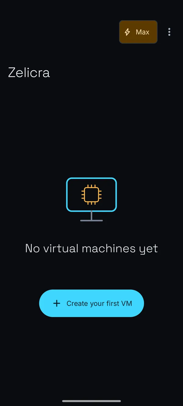 The Zelicra library screen with no virtual machines yet and a Create your first VM button.