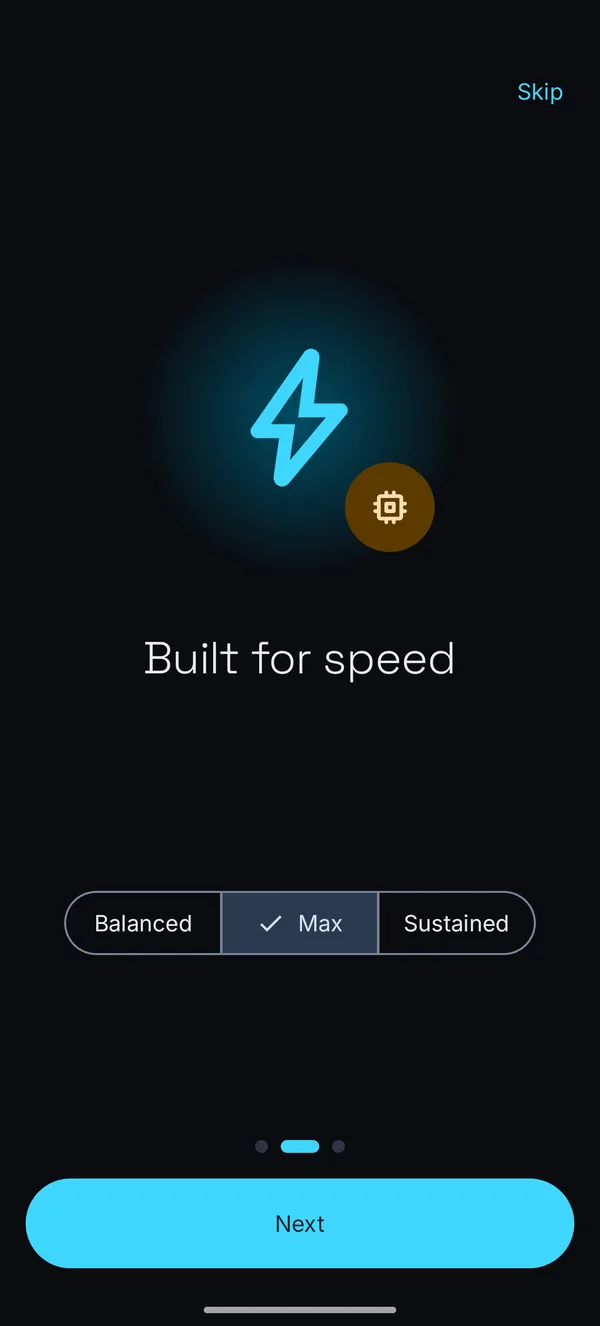 The Built for speed screen with Balanced, Max and Sustained performance profiles.
